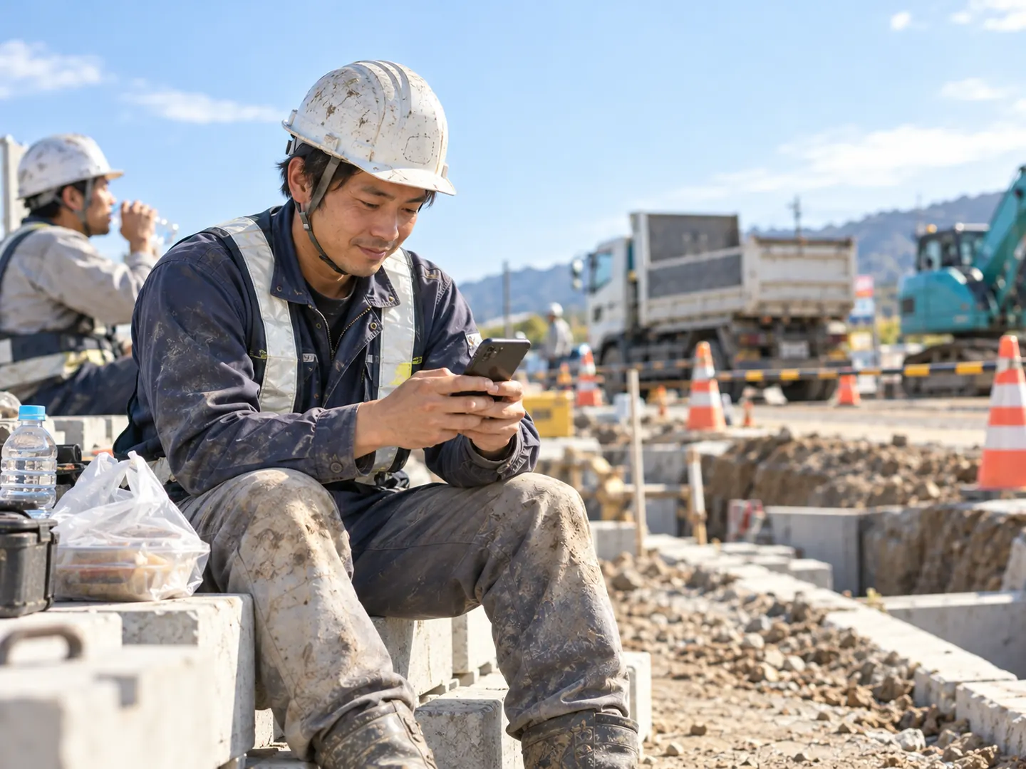 現場で、作業員がスマホで日報を書いている